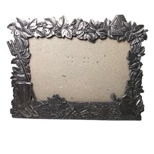 Perfect Pewter Metal Garden Theme Picture Frame 3.5x5 Boots Watering Can Relief